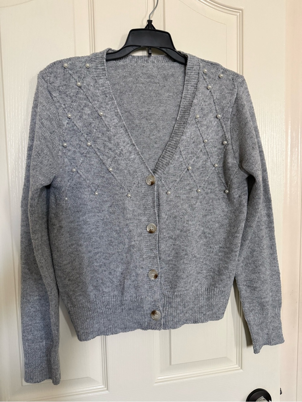 SHEIN Gray Pearl-Embellished V-Neck Button Cardigan